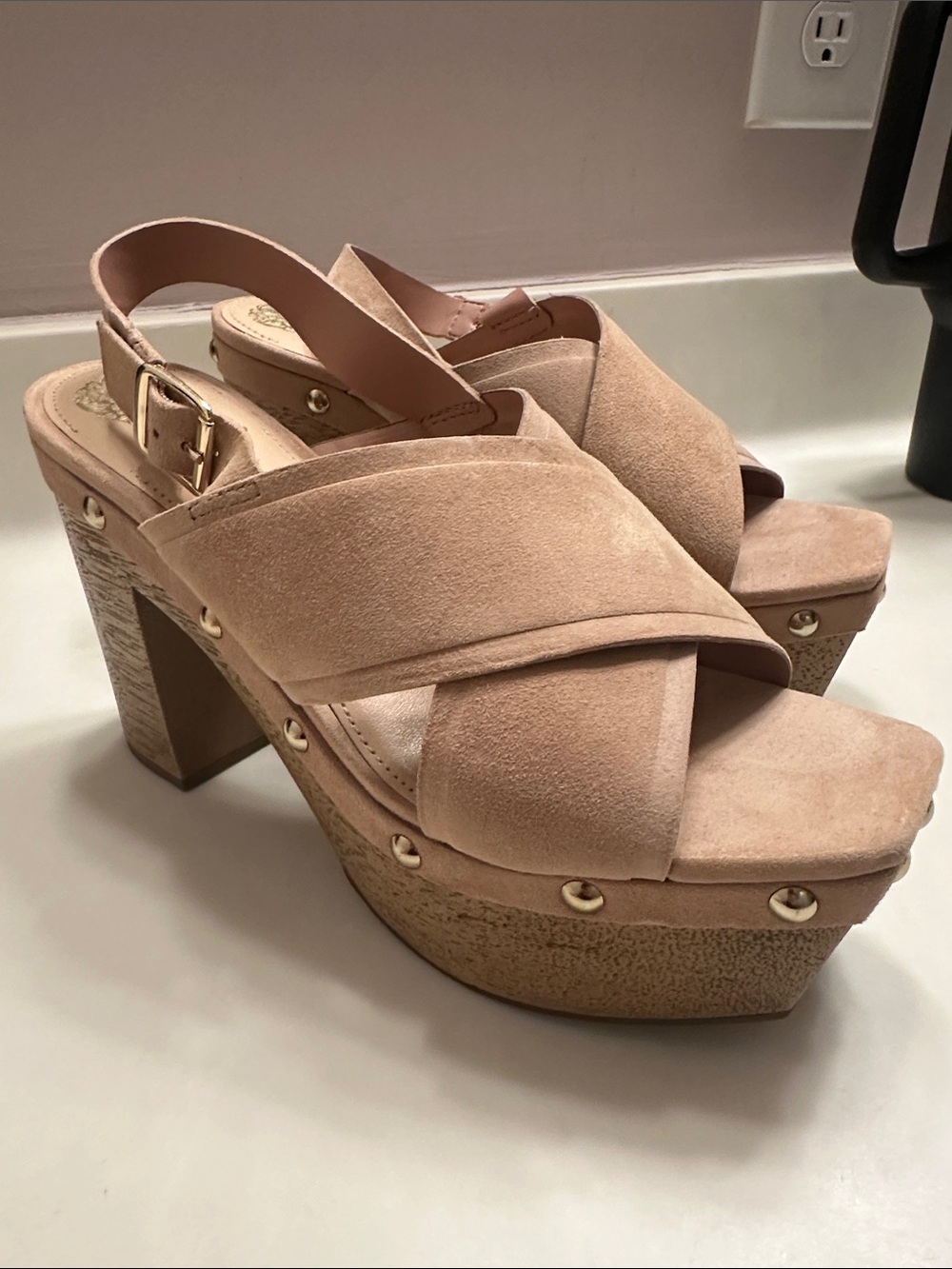 Vince Camuto Taupe Suede Crisscross Platform Sandals